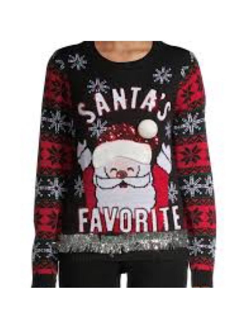 No Boundaries Festive “Santa’s Favorite” Black & Red Women's Sweater Tinsel XXL